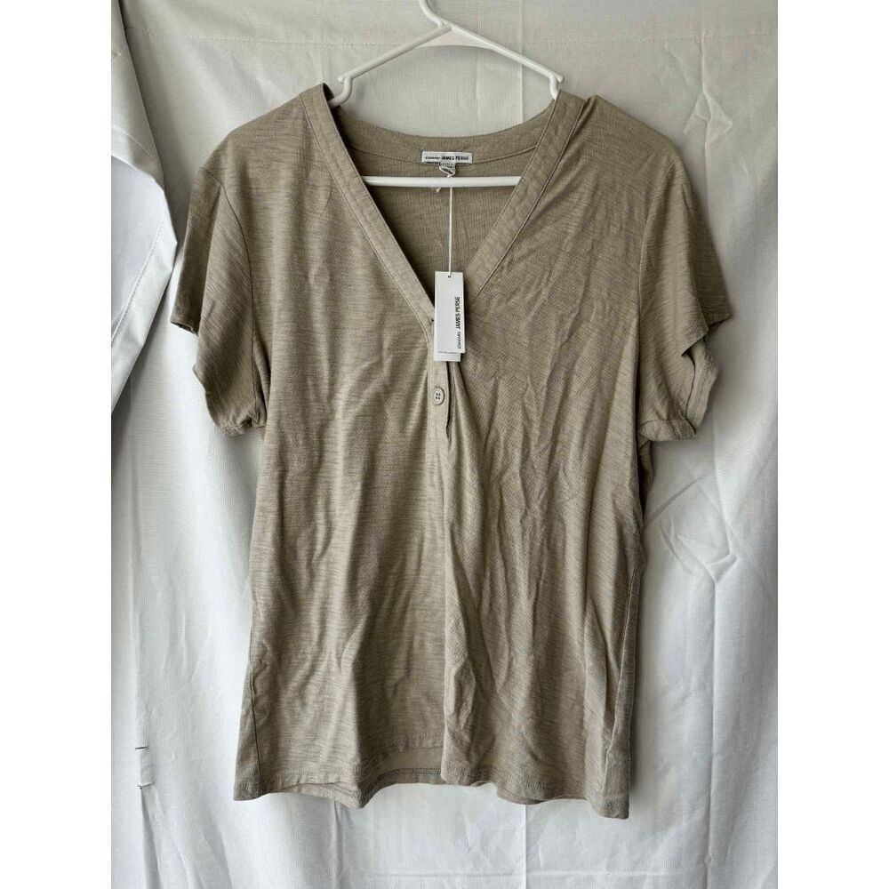 James Perse V Neck Cotton Blend Henley Light Tan Siez 4